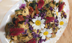 na kolorowym owalnym talerzu potrawa ze szpinaku i białego sera udekorowana kwiatem kończyny i stokrotki 